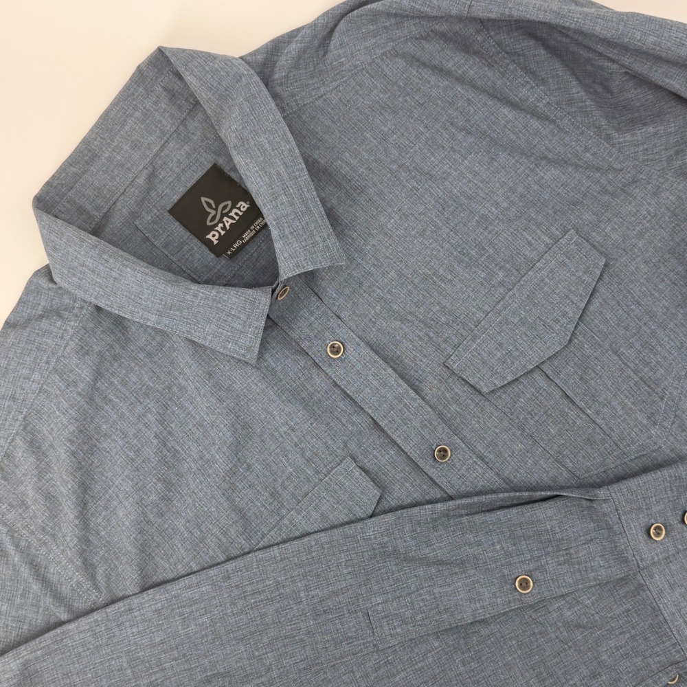 Prana Mens Ascend Blue Heathered Button Up Shirt XL Long Sleeve